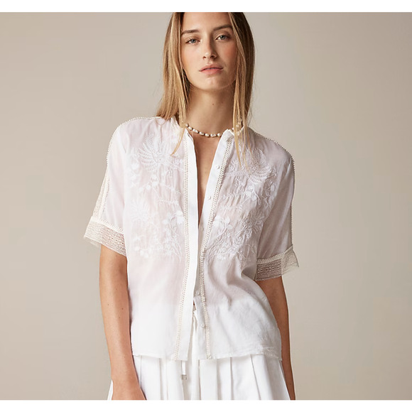 J Crew Embroidered Lace Trim Button Up Shirt In Cotton Voile Size 2 White FLAWS - Picture 1 of 16